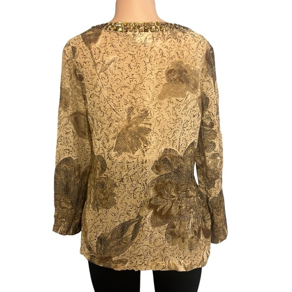 Chico’s 100% Silk Floral Sheer Jeweled Neckline Blouse Brown - Picture 8 of 10